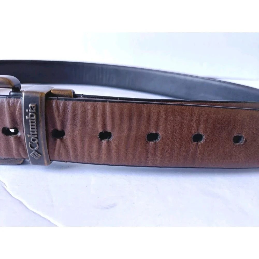 Columbia Belt Synthetic Leather Men's 38 Brown Black Stitched Adjustable